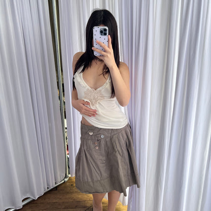 One Step Brown Flared Embroidery Patch Drop Waist Button Accent Midi Skirt