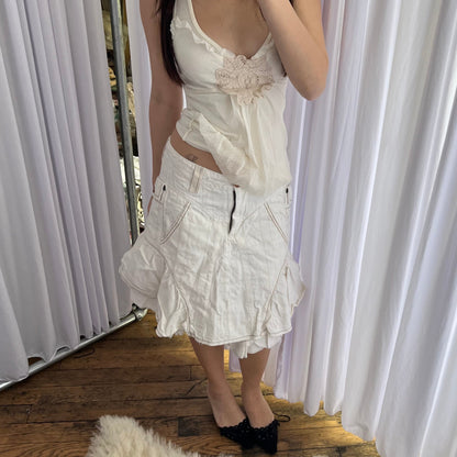 Marithe Francois Girbaud White Beige Striped Ruffle Flare Hem Denim Midi Skirt