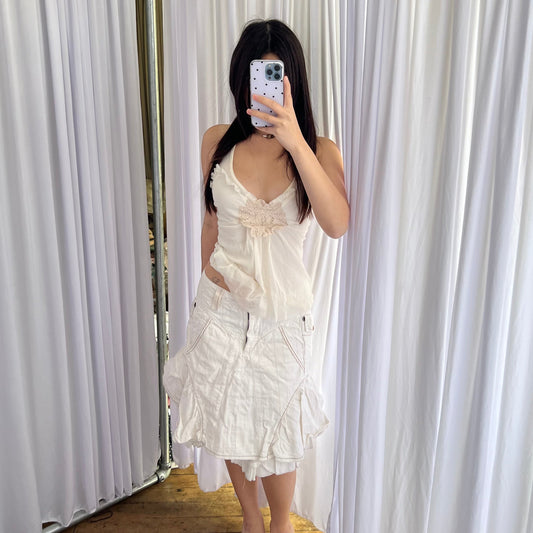 Marithe Francois Girbaud White Beige Striped Ruffle Flare Hem Denim Midi Skirt
