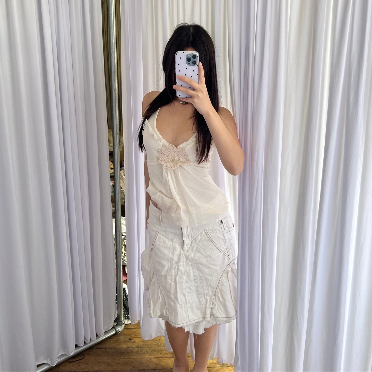 Marithe Francois Girbaud White Beige Striped Ruffle Flare Hem Denim Midi Skirt