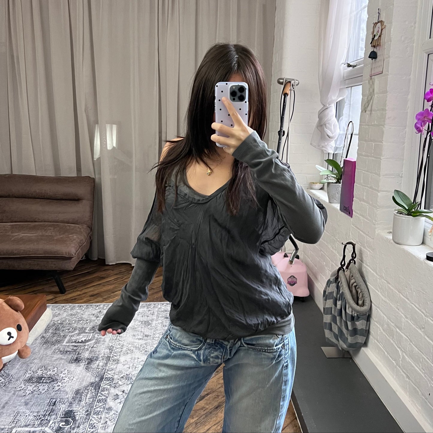 vintage deha silk grey lacey tank top and off the shoulder long sleeve layered top