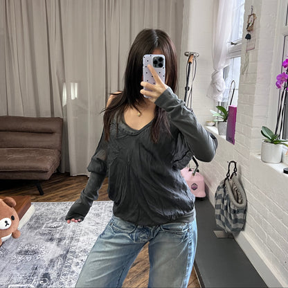 vintage deha silk grey lacey tank top and off the shoulder long sleeve layered top