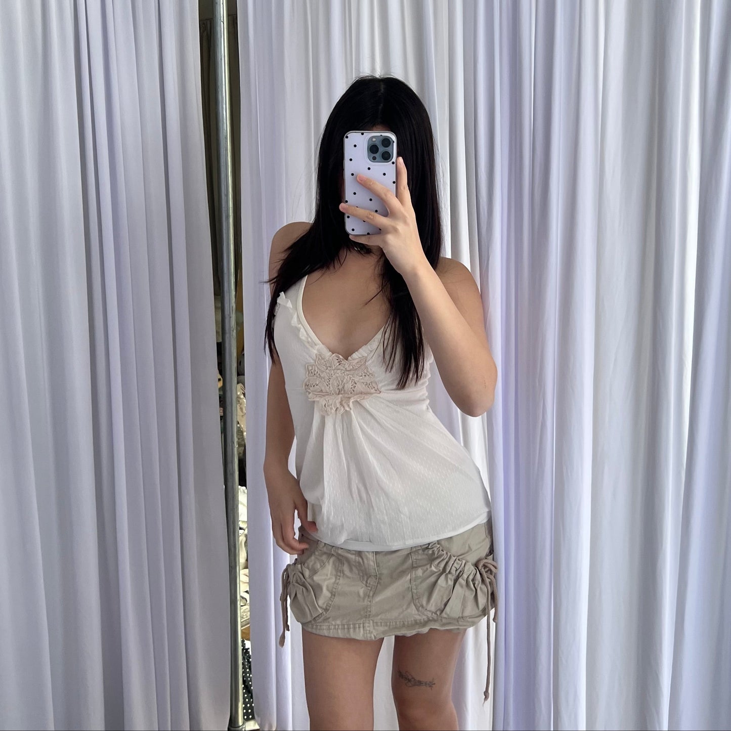 Alcott Beige Utility Ruched Pocket Ribbon Mini Cargo Skirt