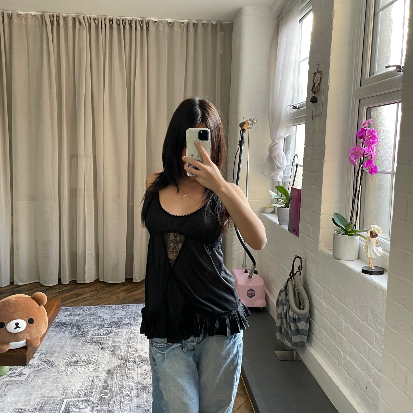 kookai balletcore dreamy black embroidery lace frill hem camisole