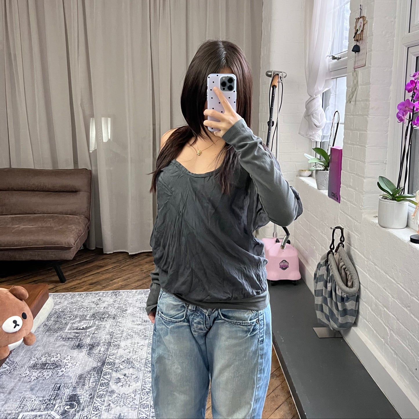 vintage deha silk grey lacey tank top and off the shoulder long sleeve layered top