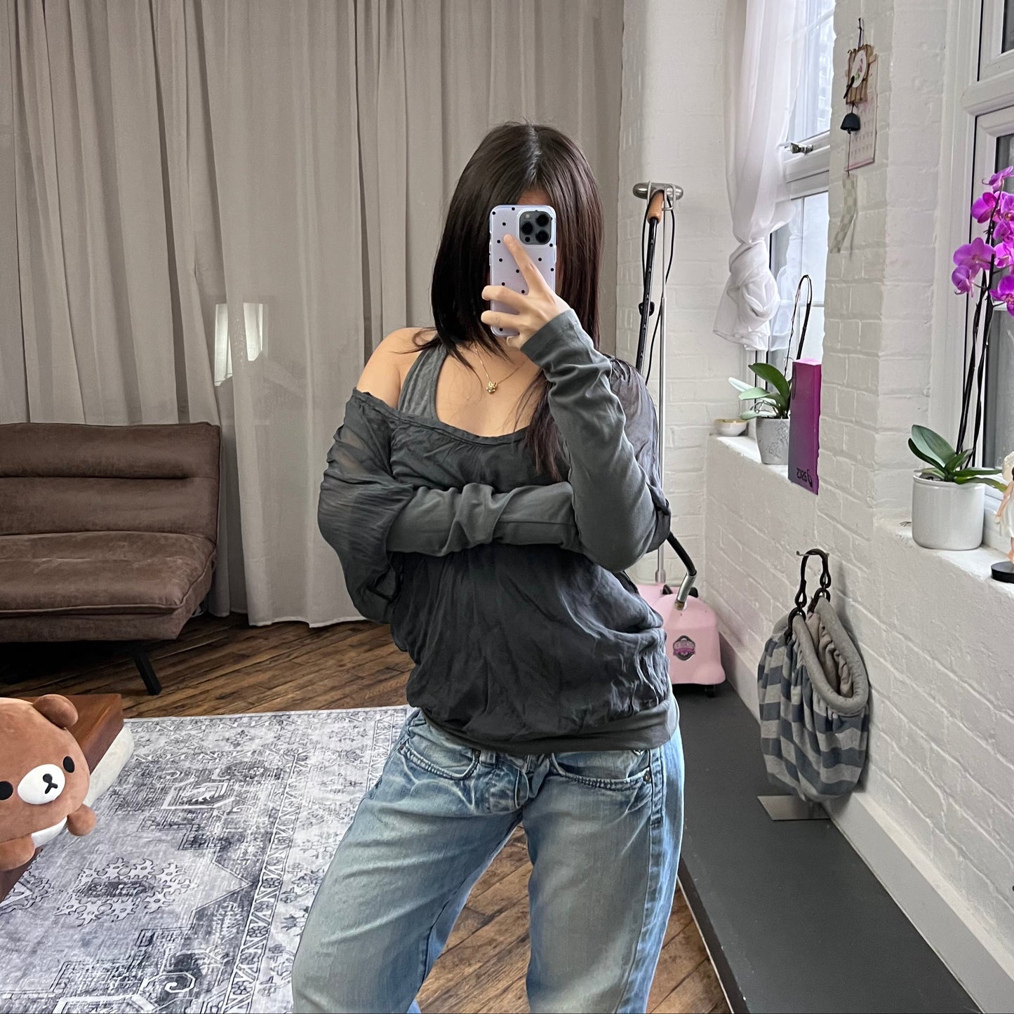 vintage deha silk grey lacey tank top and off the shoulder long sleeve layered top