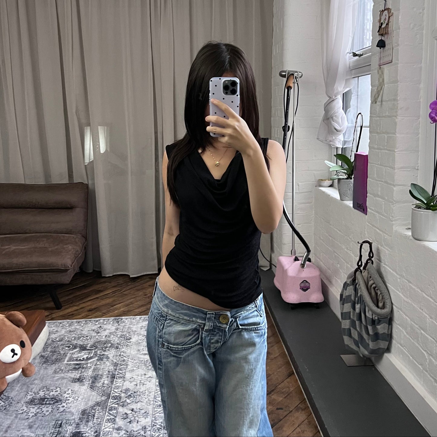 mosquitos black shimmery draped lightweight multi way cowl neck vest top