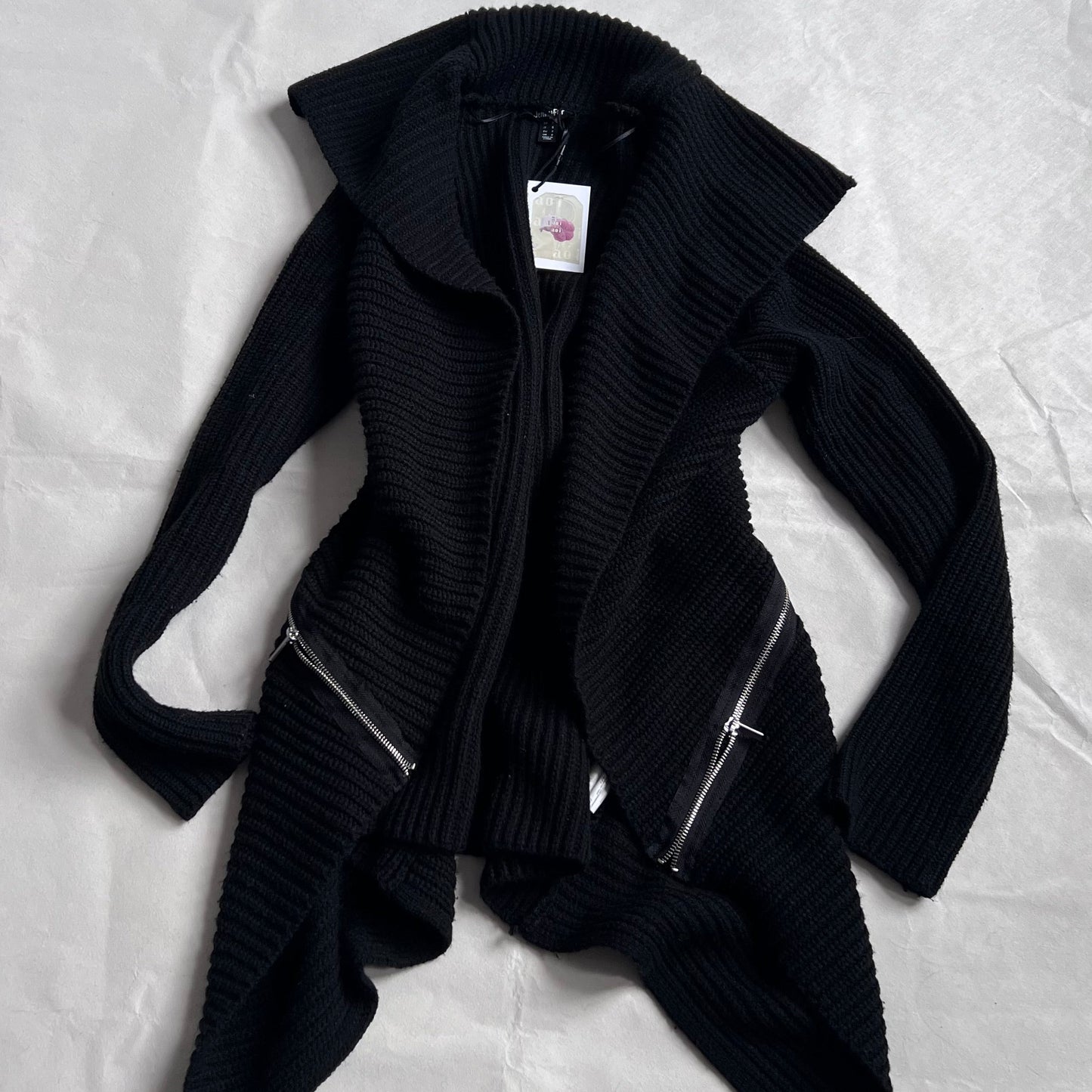 Jennyfer Black Waterfall Ribbed Collared Open Zip Accent Knit Cardigan