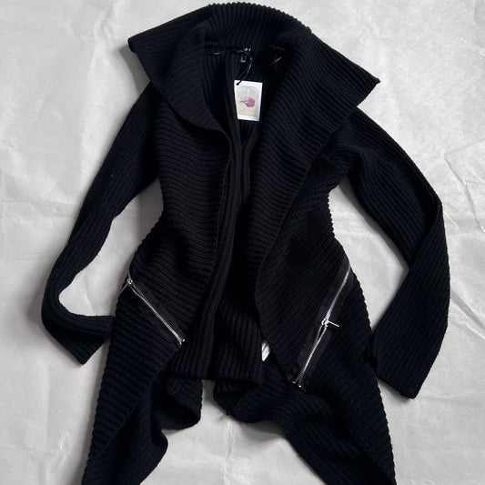 Jennyfer Black Waterfall Ribbed Collared Open Zip Accent Knit Cardigan