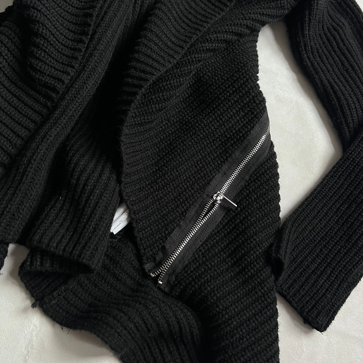 Jennyfer Black Waterfall Ribbed Collared Open Zip Accent Knit Cardigan