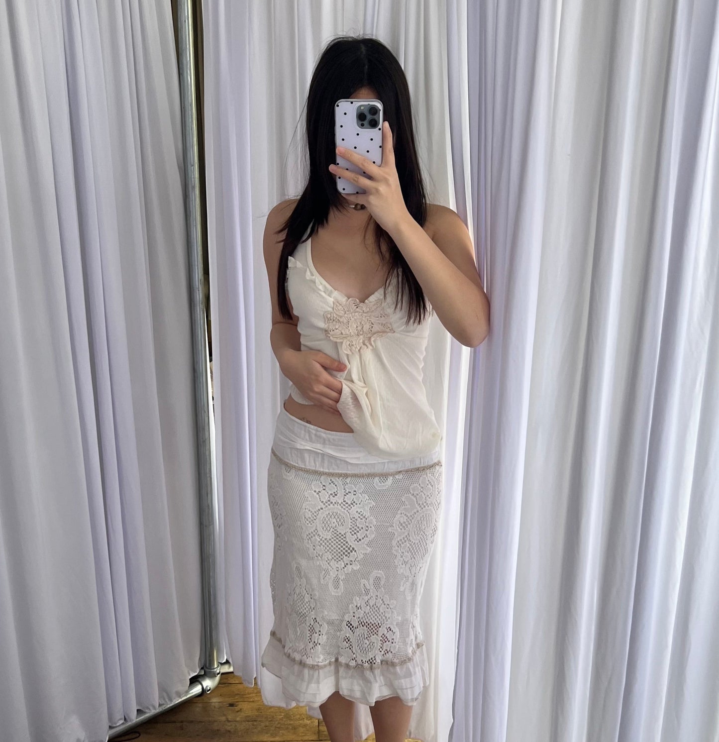 Rinascimento Romantic White Broderie Anglaise Lace Ruffle Hem Midi Skirt
