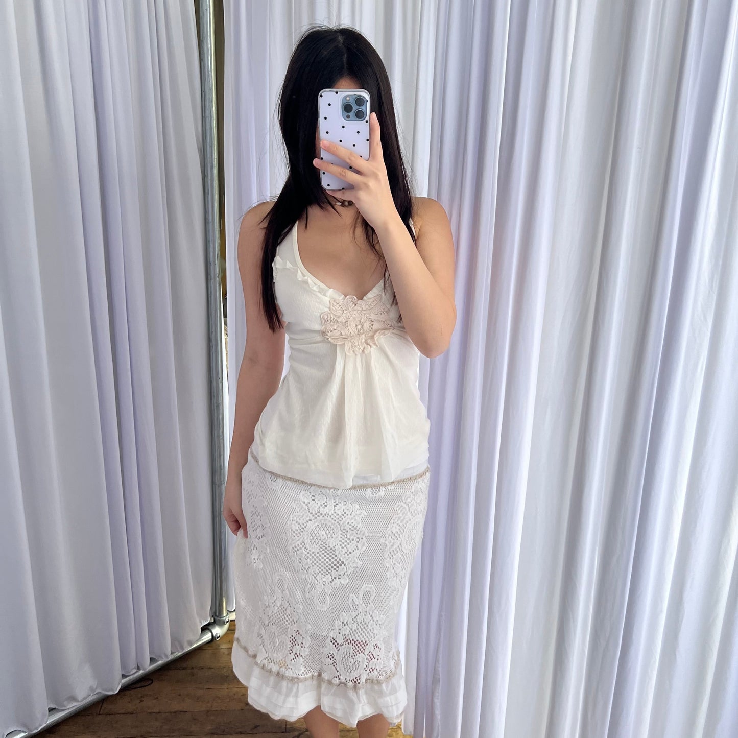 Rinascimento Romantic White Broderie Anglaise Lace Ruffle Hem Midi Skirt