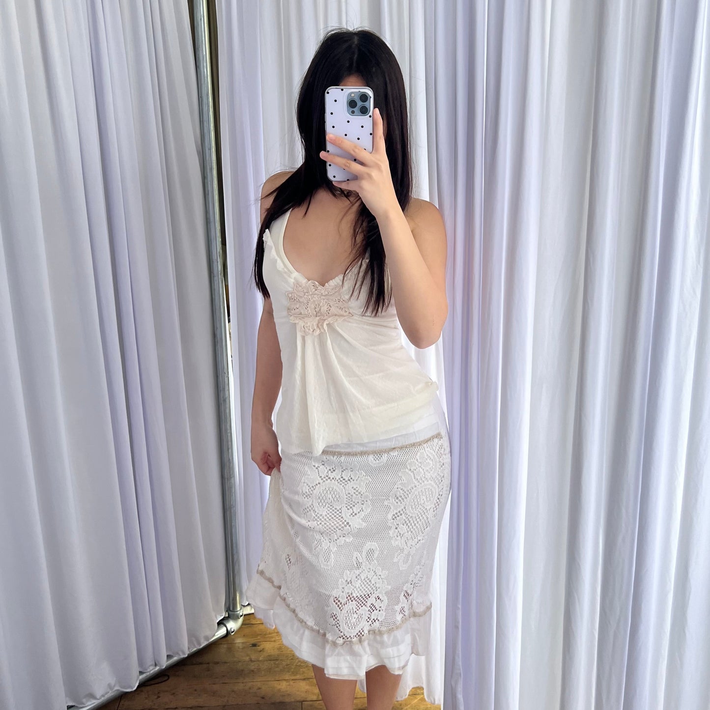Rinascimento Romantic White Broderie Anglaise Lace Ruffle Hem Midi Skirt