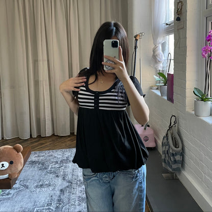 preppy pumpkin back striped babydoll keyhole back tunic blouse