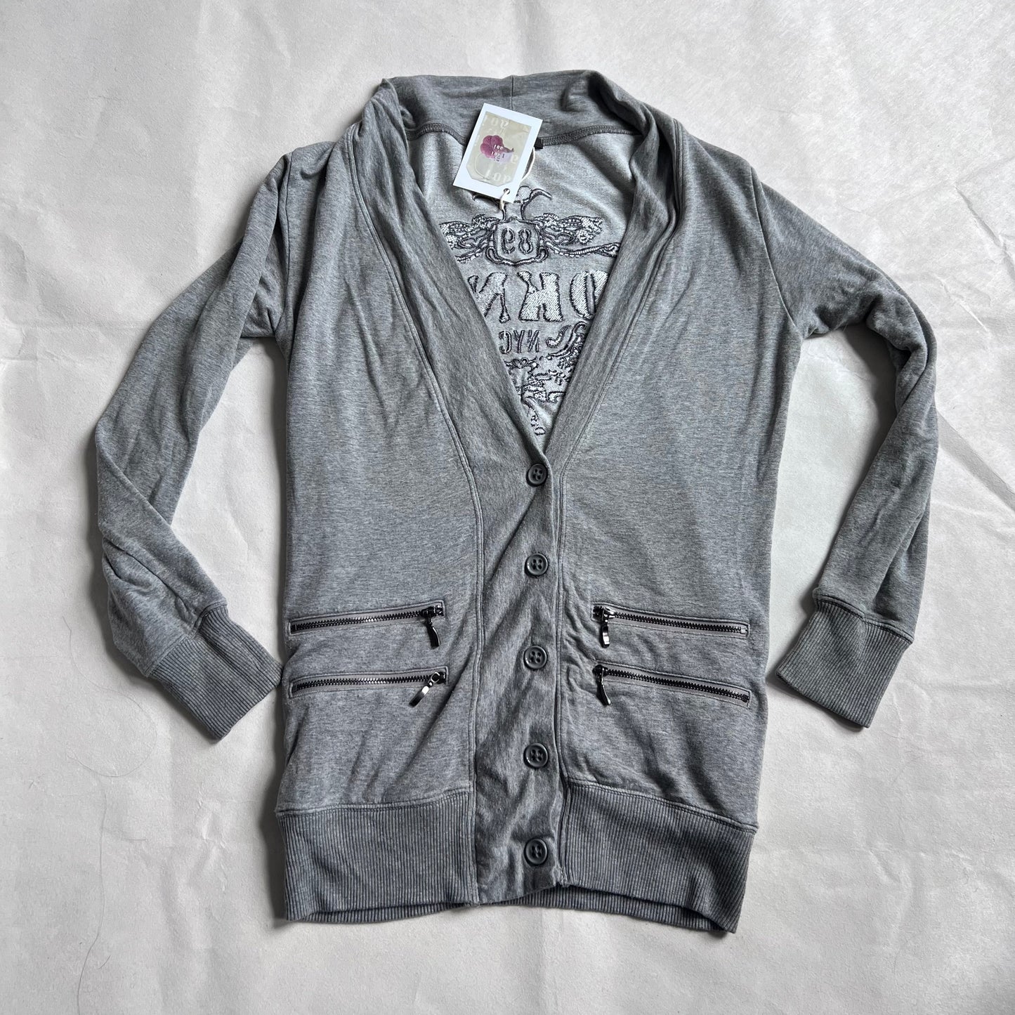 DKNY Grey Dual Zip Embroidered Wings V Neck Cardigan
