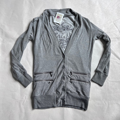 DKNY Grey Dual Zip Embroidered Wings V Neck Cardigan