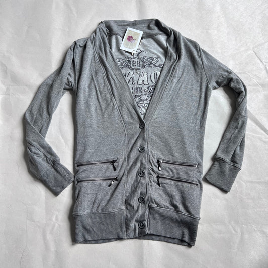 DKNY Grey Dual Zip Embroidered Wings V Neck Cardigan