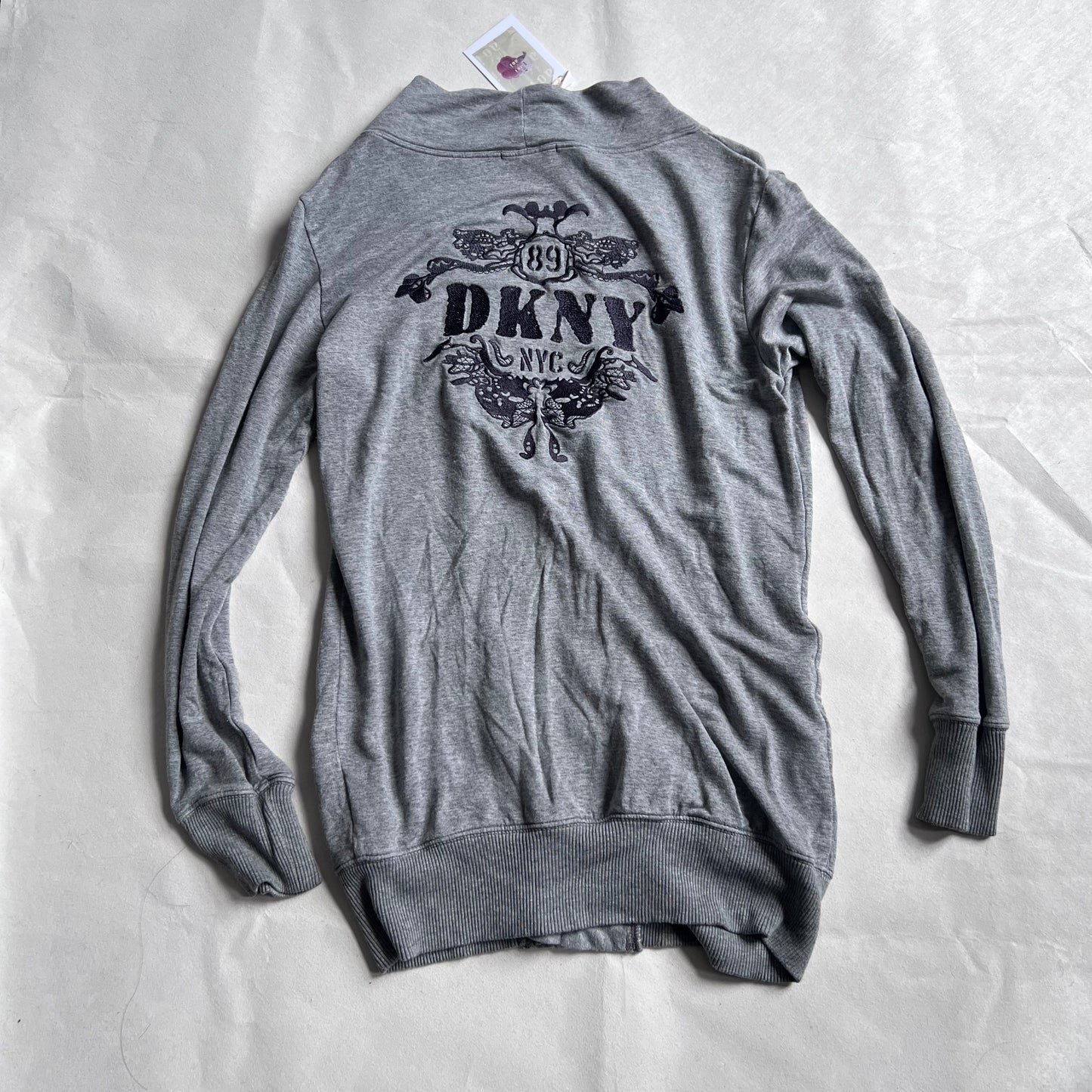 DKNY Grey Dual Zip Embroidered Wings V Neck Cardigan