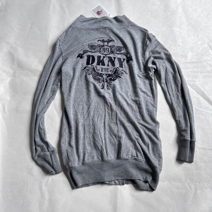 DKNY Grey Dual Zip Embroidered Wings V Neck Cardigan