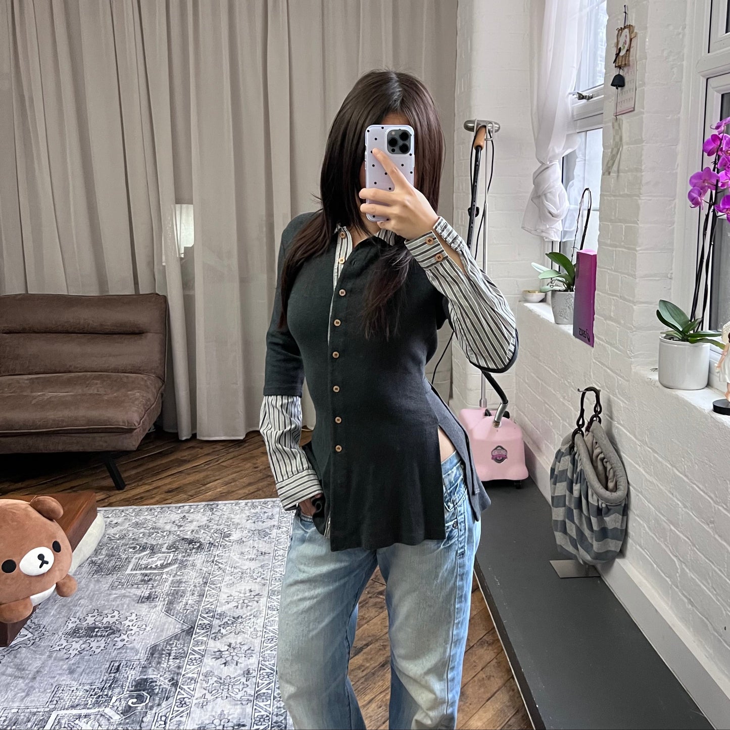 vintage morgan de toi preppy striped grey contrast striped layered style blouse