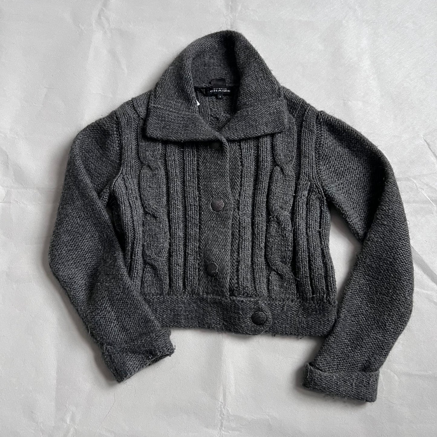Vintage Nathalie Chaize Grey Wool Blend Cable Knit Cardigan Jacket