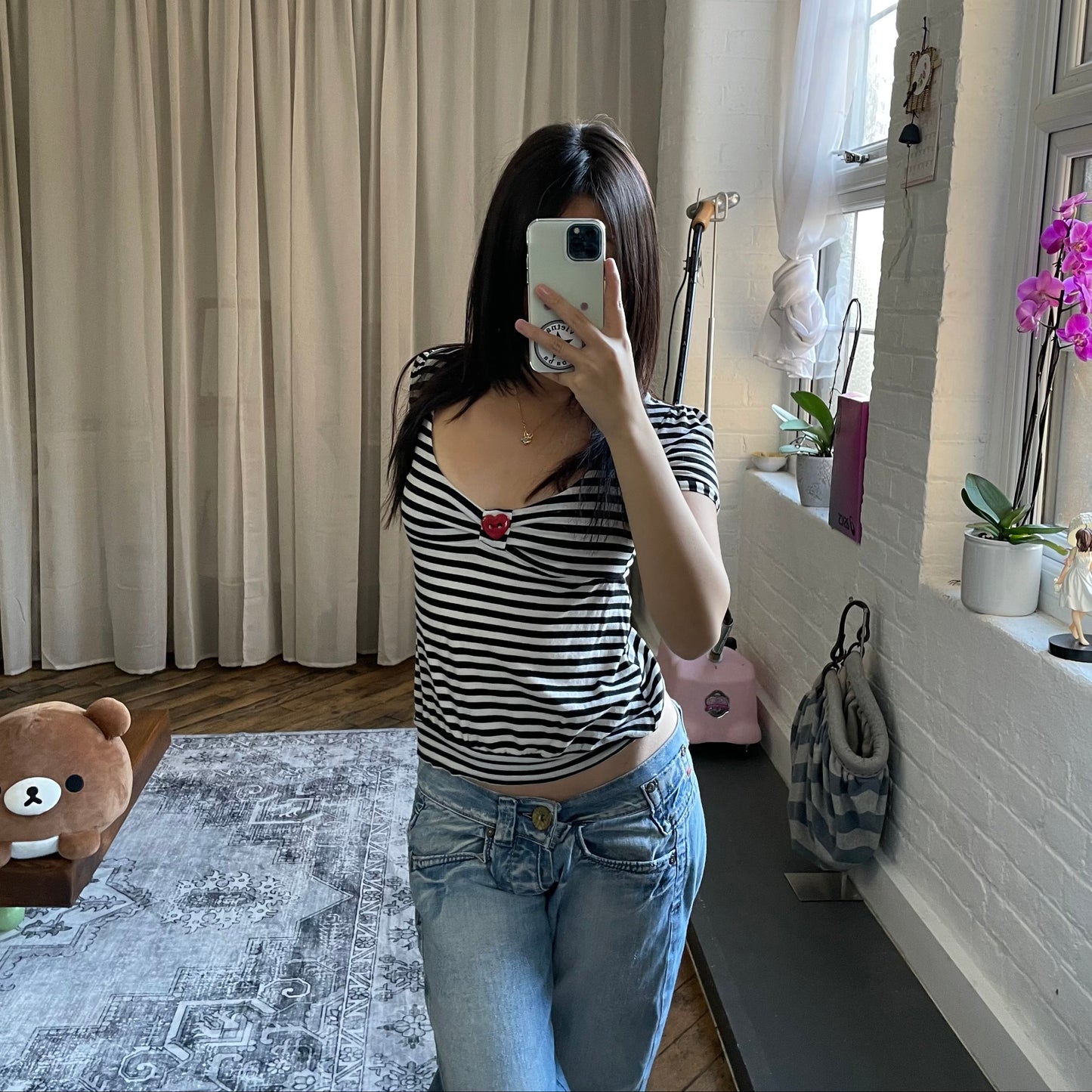 fornarina black white puffy red heart charm button striped puff sleeve top