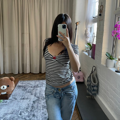 fornarina black white puffy red heart charm button striped puff sleeve top