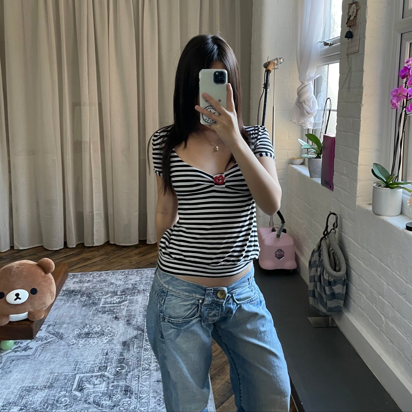 fornarina black white puffy red heart charm button striped puff sleeve top