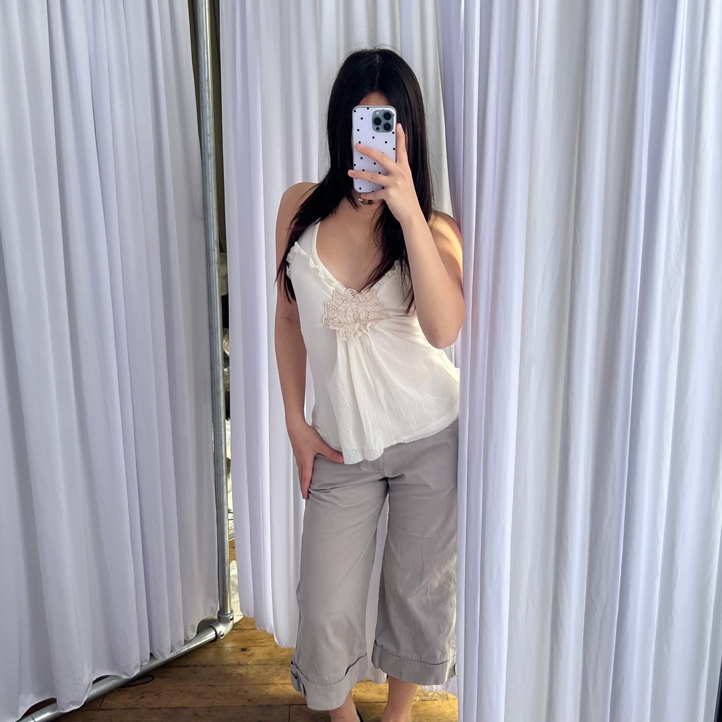 Sportmax Utility Greige Taupe High Rise Buckle Accent Wide Leg Cotton Trousers