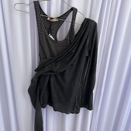 DDP Faded Grey Striped Layered Draped Long Sleeve Two in One Tunic Top