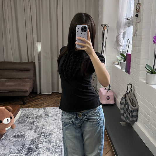 faded black ovs balletcore frilly collared puff sleeve polo shirt