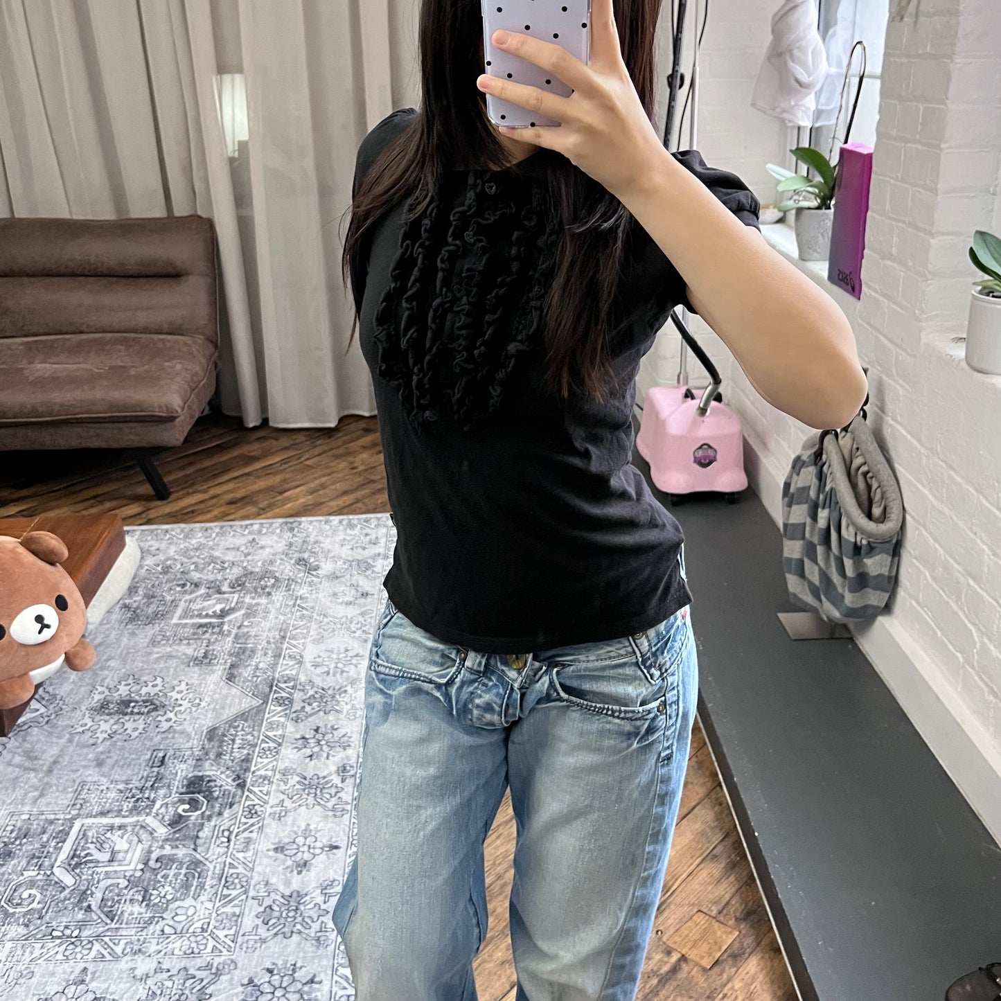 faded black ovs balletcore frilly collared puff sleeve polo shirt