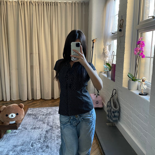 naracamicie coquette balletcore black collared polka dot frill cap sleeve blouse