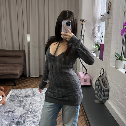 dark purple grey silver voyelles v neck keyhole back long sleeve fishbone knit sweater dress