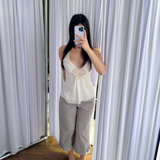 Sportmax Utility Greige Taupe High Rise Buckle Accent Wide Leg Cotton Trousers