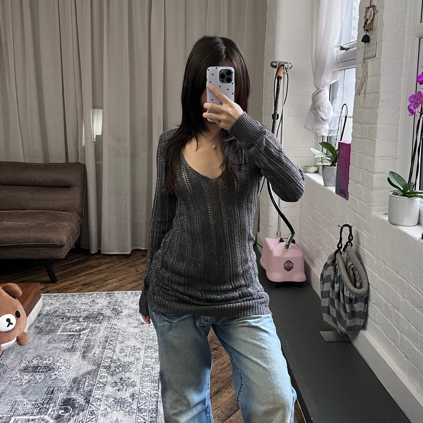 dark purple grey silver voyelles v neck keyhole back long sleeve fishbone knit sweater dress