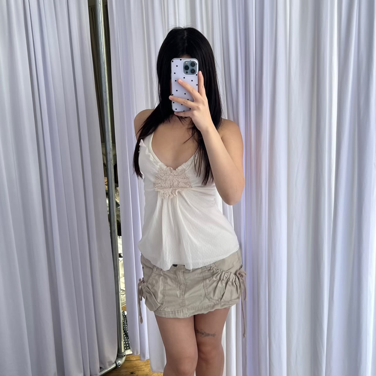 Alcott Beige Utility Ruched Pocket Ribbon Mini Cargo Skirt