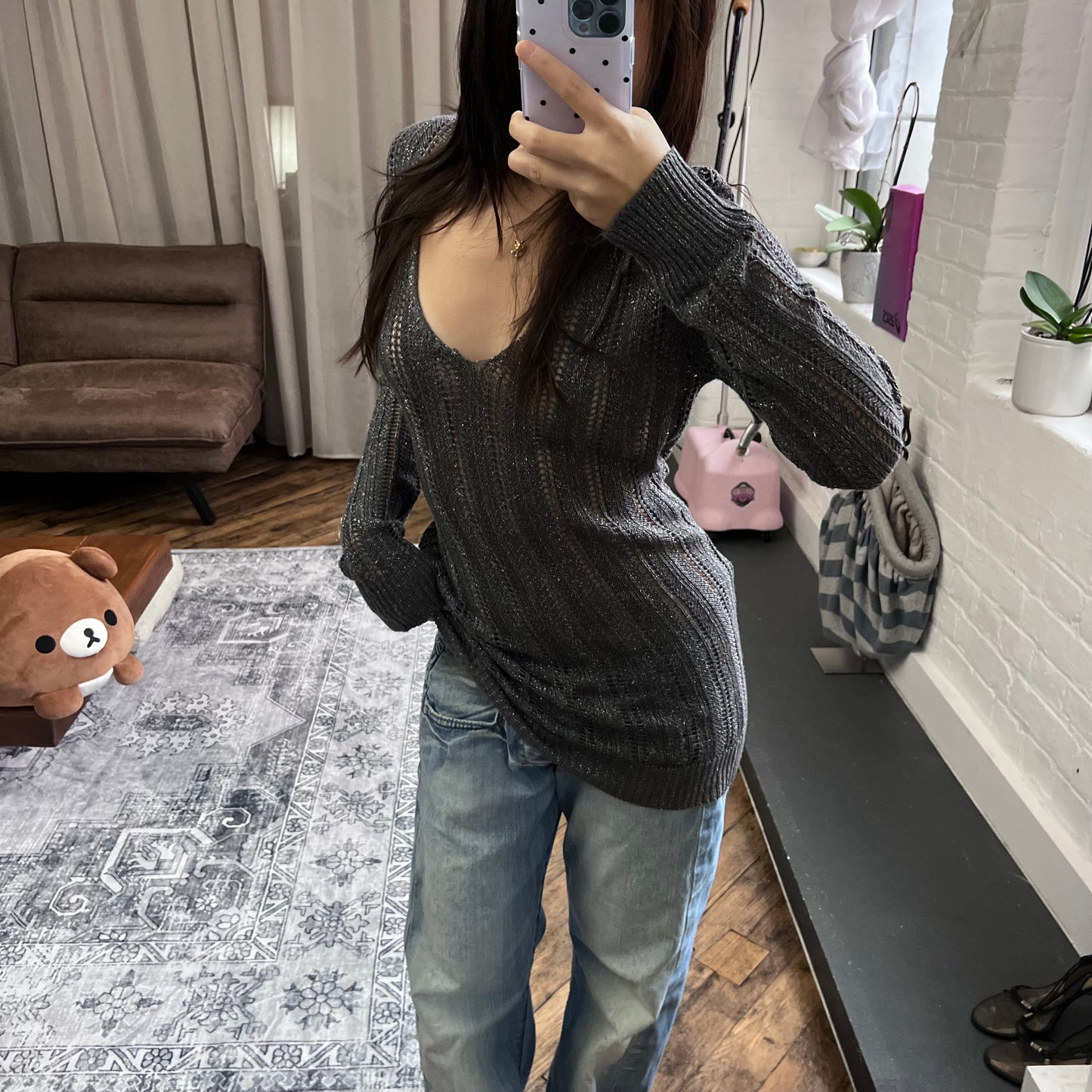 dark purple grey silver voyelles v neck keyhole back long sleeve fishbone knit sweater dress