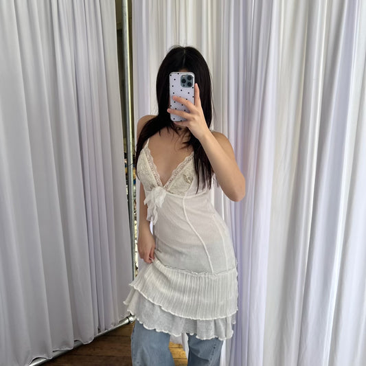 Zone Bleue Romantic White Beige Embroidery Lace Bust Knit Midi Dress