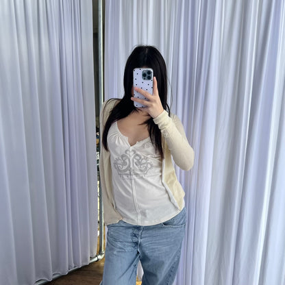 Fornarina Off White Grey Striped Crown Print Ruched Bust Tank Top