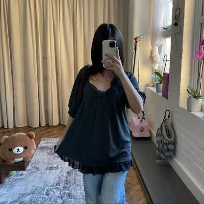 cutie love dark grey half sleeve ribbon cinched bust babydoll tunic top