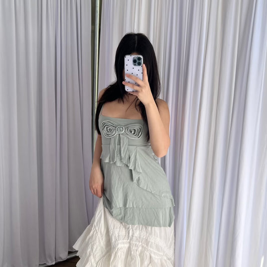 Muted Turquoise Blue Rosette Bow Tiered Ruffle Twinset Camisole