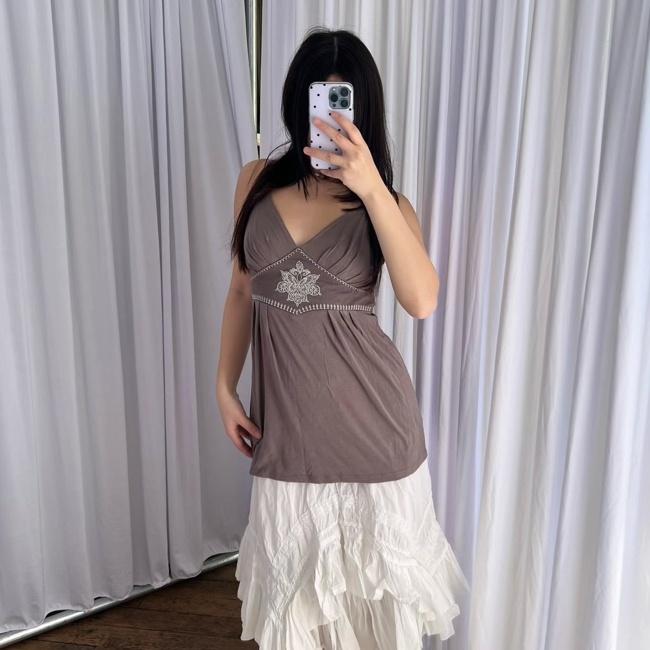 Camieu Boho Brown Floral Embroidery V Neck Camisole