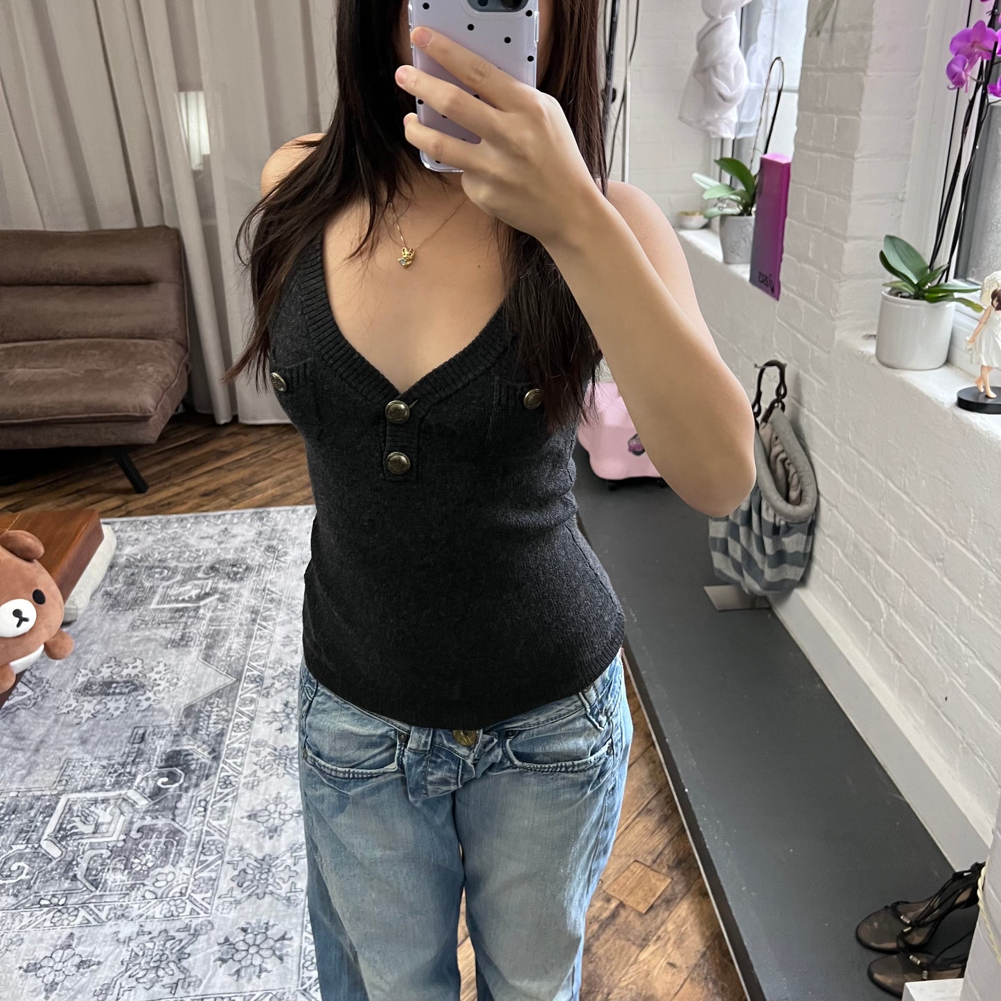 dark grey preppy fitted wool burberry blue label knit vest with brass button accents