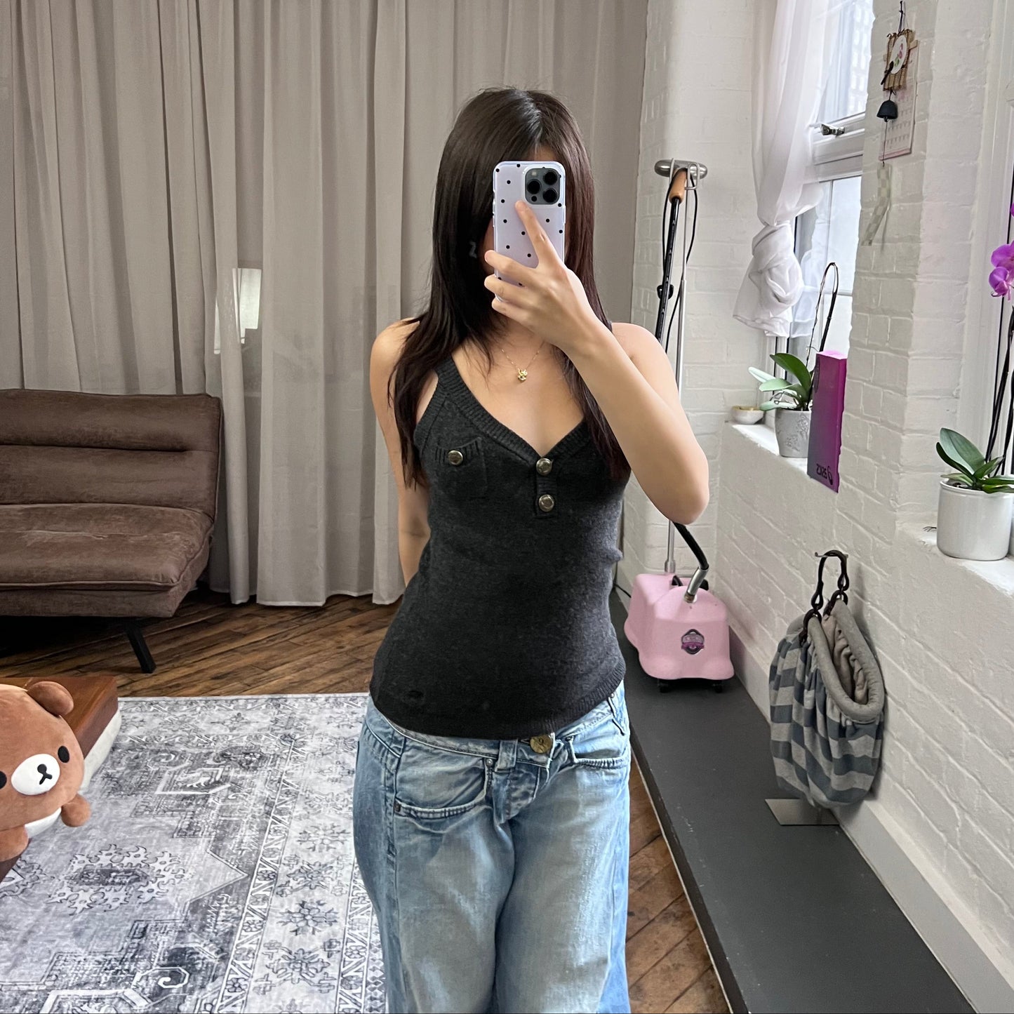 dark grey preppy fitted wool burberry blue label knit vest with brass button accents