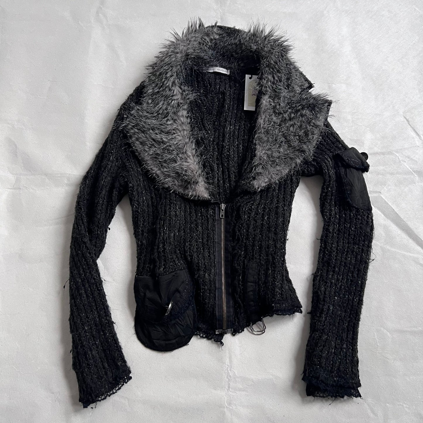 Speckled Black Fur Trim Zone Bleue Knit Long Sleeve Zip Cardigan