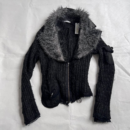 Speckled Black Fur Trim Zone Bleue Knit Long Sleeve Zip Cardigan