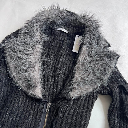 Speckled Black Fur Trim Zone Bleue Knit Long Sleeve Zip Cardigan