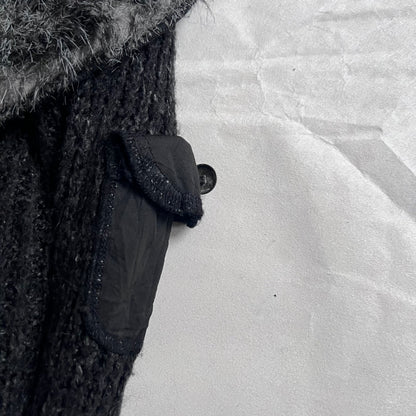 Speckled Black Fur Trim Zone Bleue Knit Long Sleeve Zip Cardigan