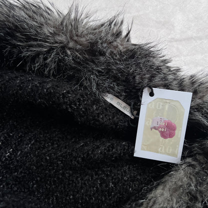 Speckled Black Fur Trim Zone Bleue Knit Long Sleeve Zip Cardigan